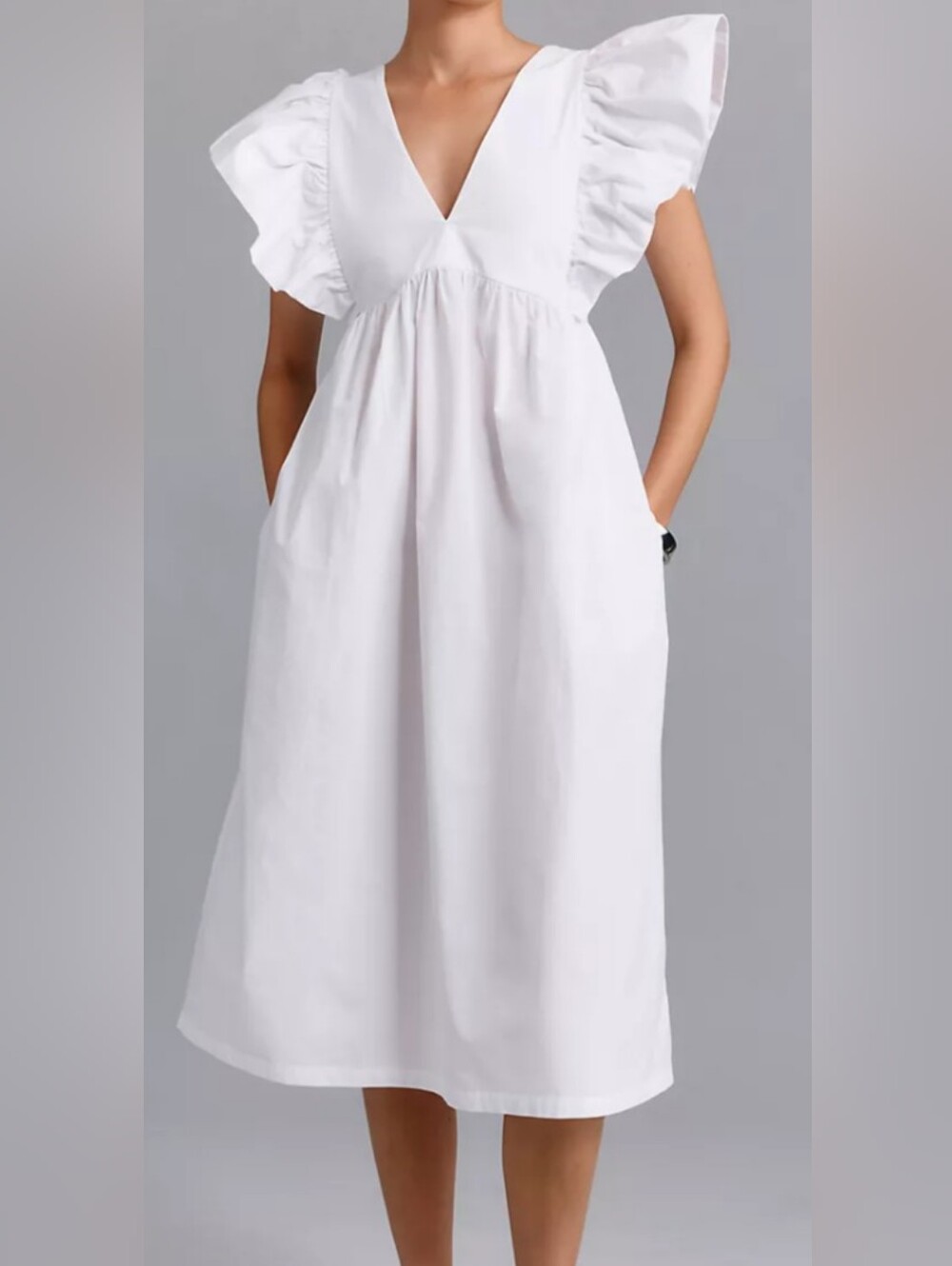 Maeve White V-Neck Ruffle-Sleeve Babydoll Dress